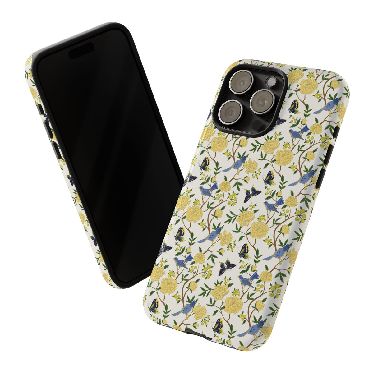 Floral Bird Tough Phone Case — Yellow Rose Pattern, Slim Protective iPhone Cover