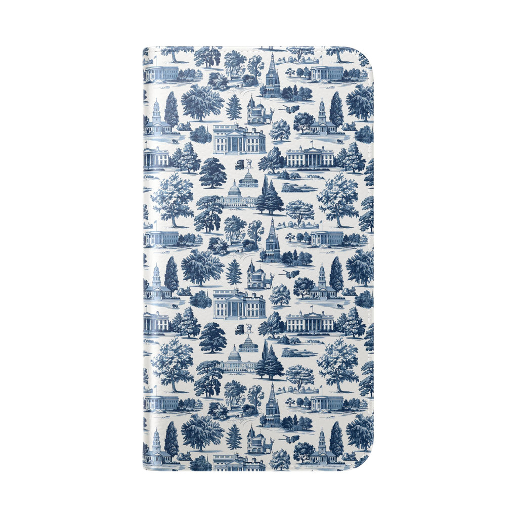 Vintage Toile Flip Phone Case — Blue Scenic Wallet Cover with Card Slots