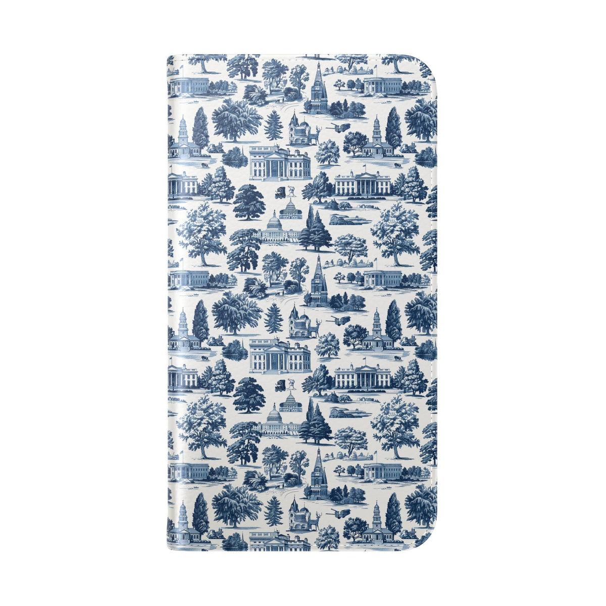 Vintage Toile Flip Phone Case — Blue Scenic Wallet Cover with Card Slots