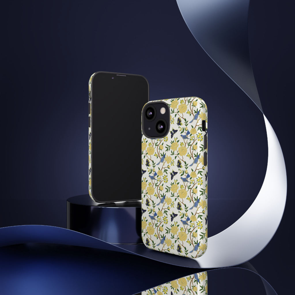 Floral Bird Tough Phone Case — Yellow Rose Pattern, Slim Protective iPhone Cover