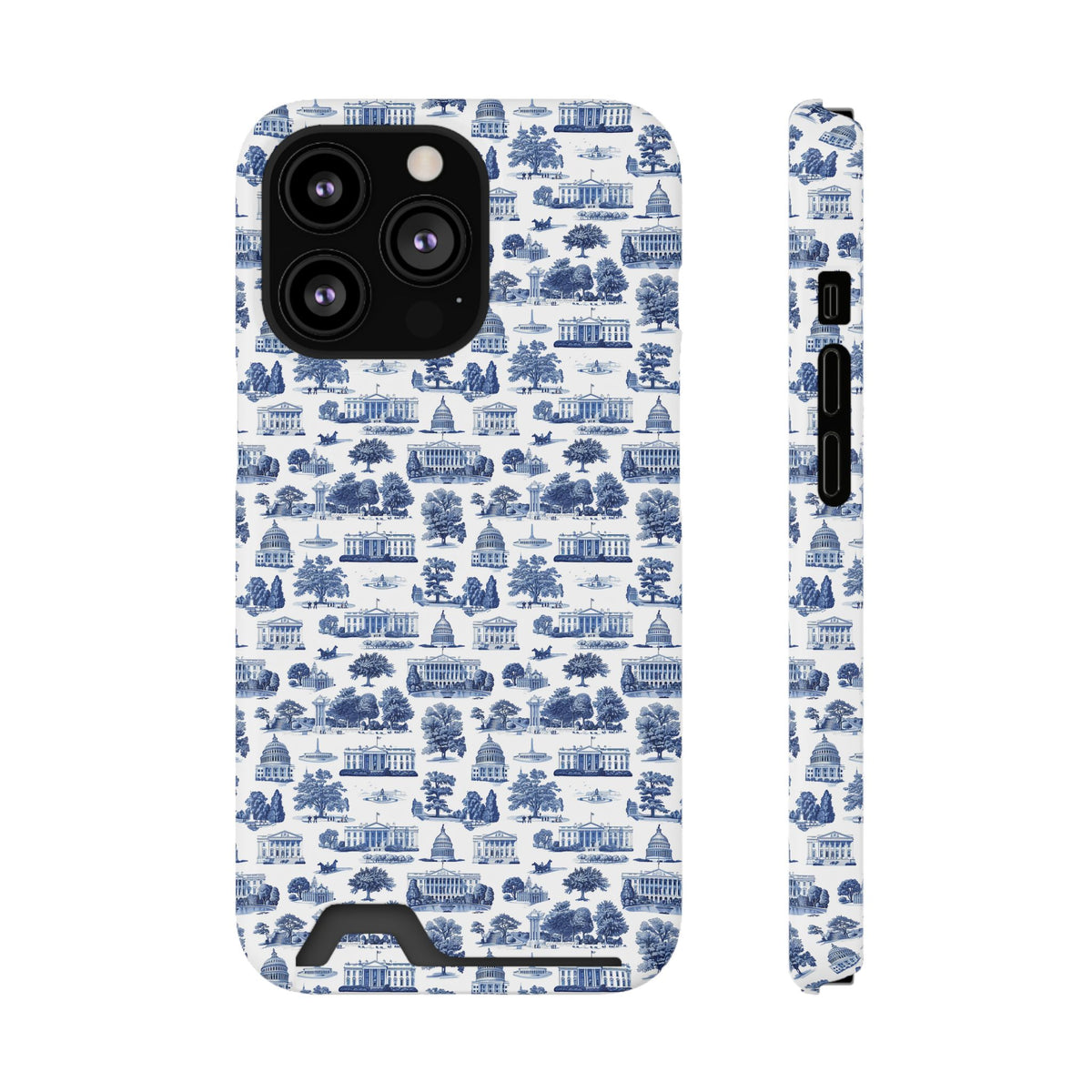 Blue Toile Phone Card Case — Slim Wallet Phone Case with Scenic Pattern