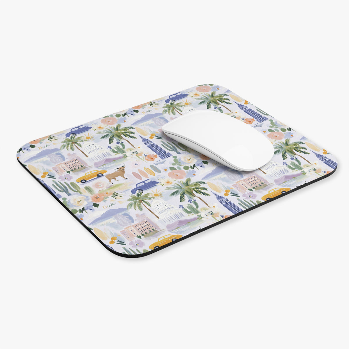 California Watercolor Pattern Rectangle Mouse Pad — Palm Trees, Retro Cars & Coastal Icons