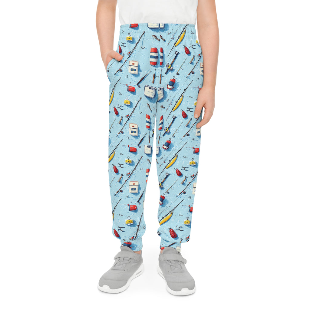 Kids Fishing Joggers — Blue All-Over-Print Fishing Gear Pattern