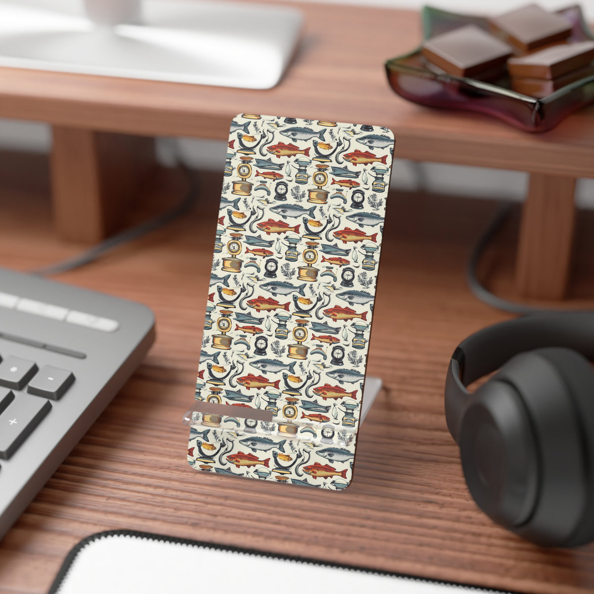 Folding Phone Stand — Vintage Fishing Pattern Mobile Display