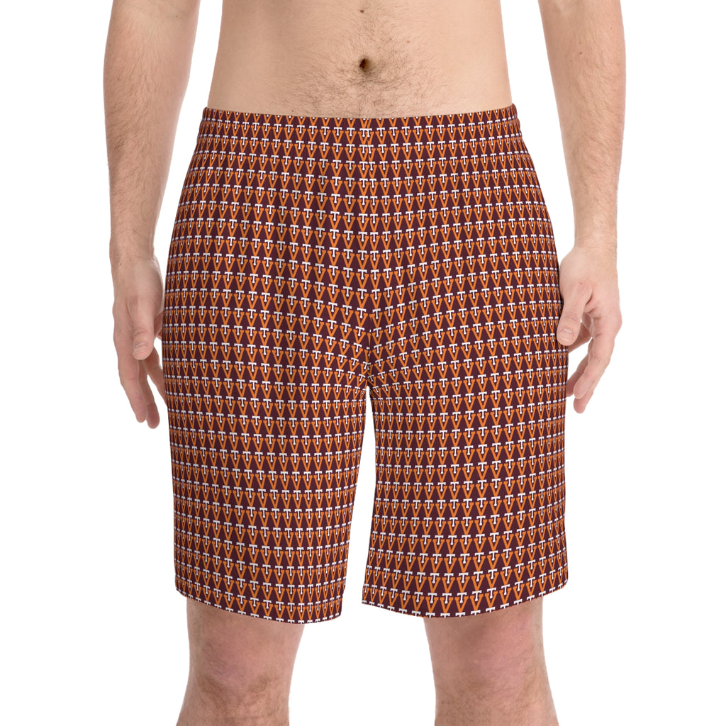 Men's Patterned Beach Shorts — Retro Brown Geo All-Over Print