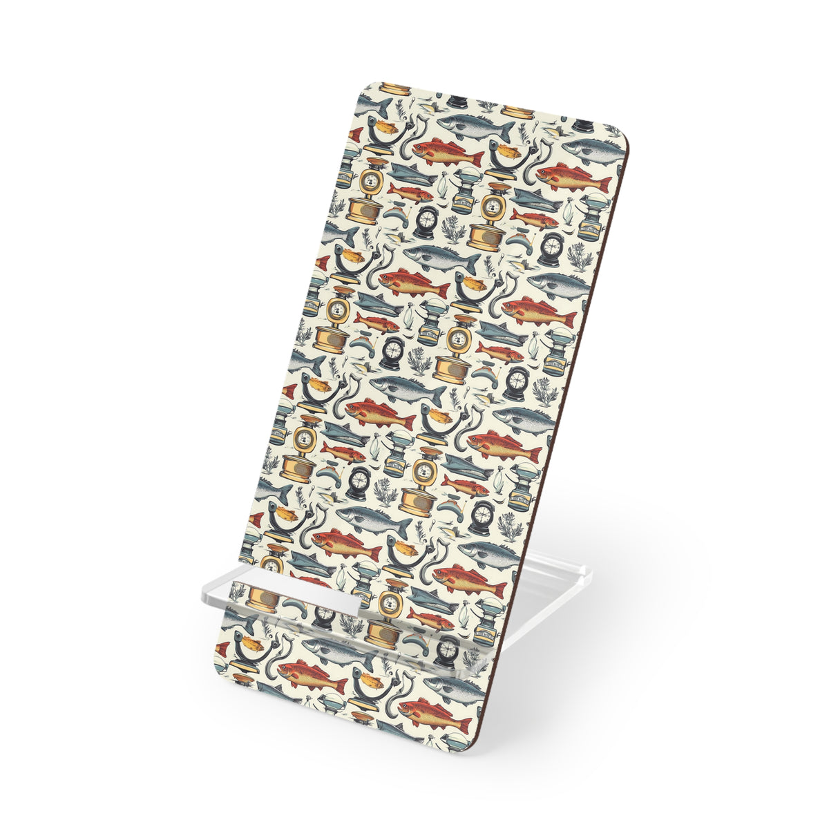 Folding Phone Stand — Vintage Fishing Pattern Mobile Display