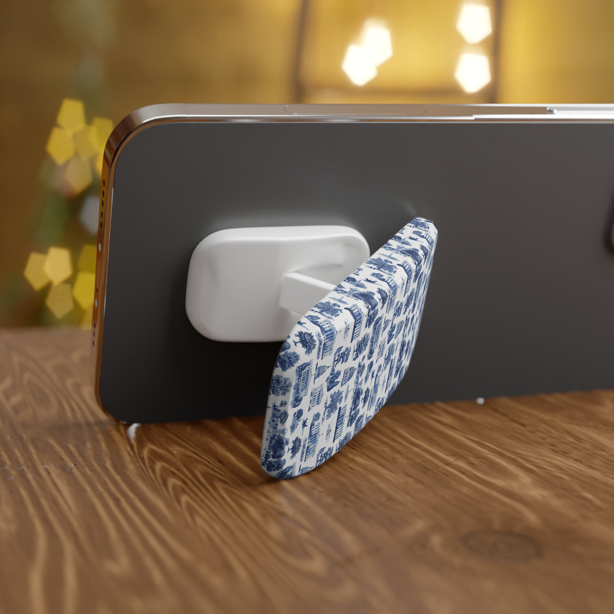 Blue Toile Cityscape Phone Grip — Click-On Stand & Hold