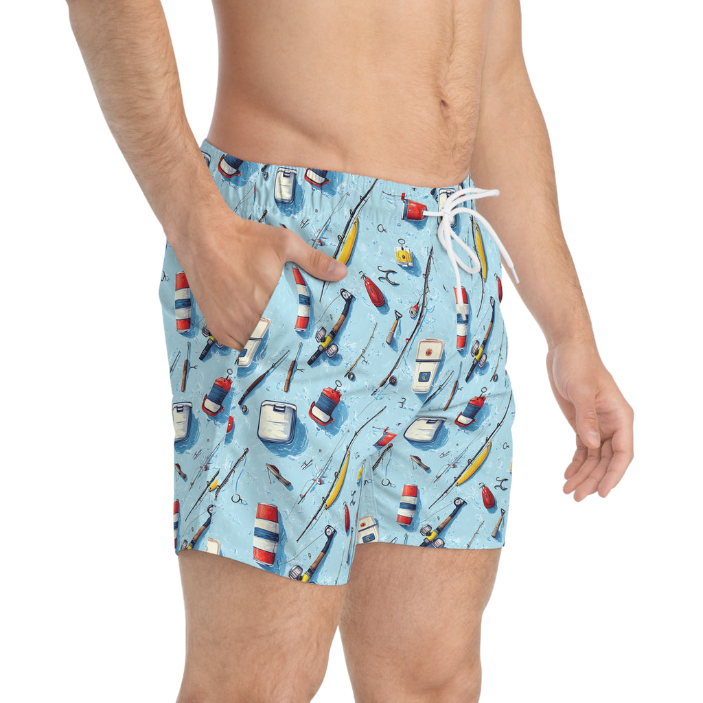 Fishing Gear Pattern Swim Trunks — Men's Nautical Beach Shorts
