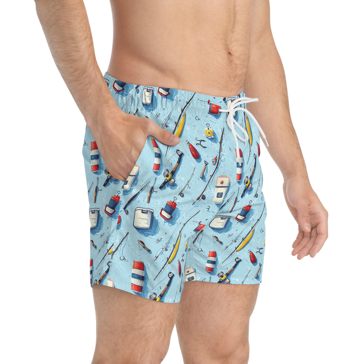 Fishing Gear Pattern Swim Trunks — Men's Nautical Beach Shorts