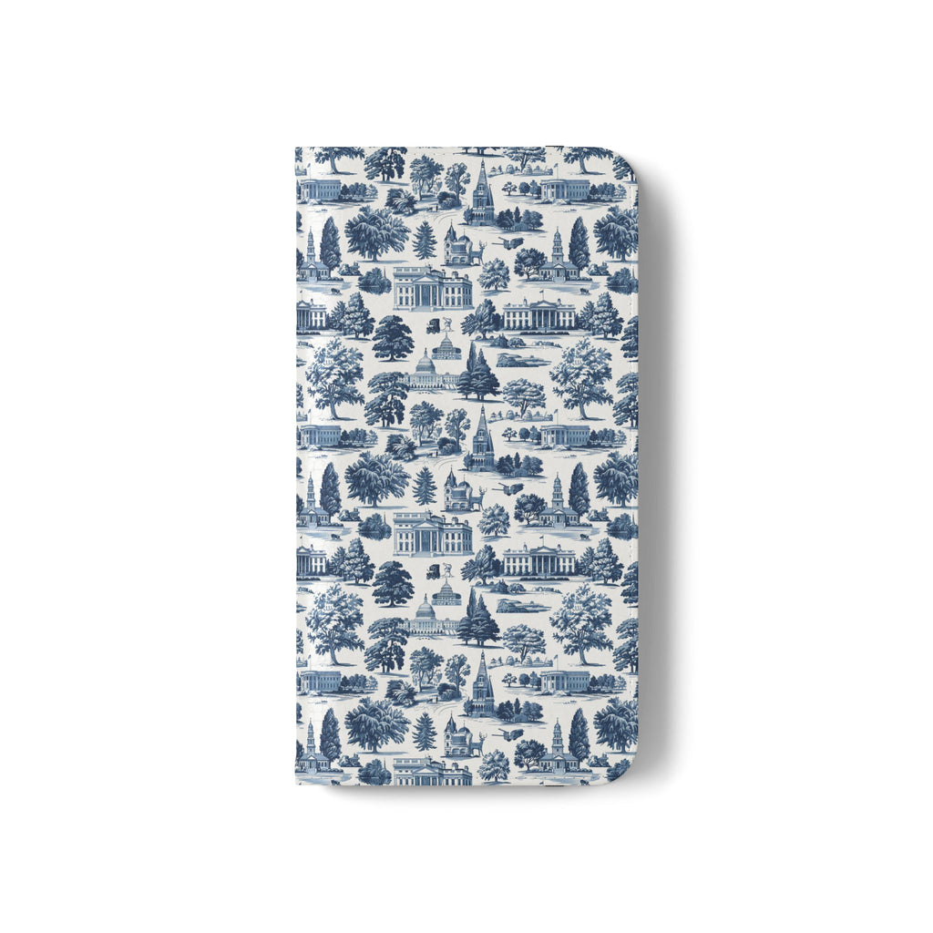 Vintage Toile Flip Phone Case — Blue Scenic Wallet Cover with Card Slots