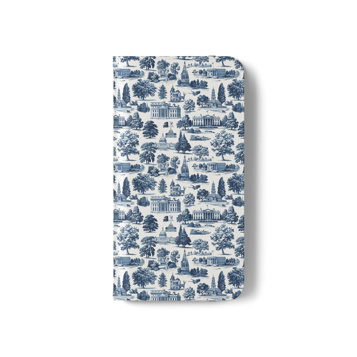 Vintage Toile Flip Phone Case — Blue Scenic Wallet Cover with Card Slots