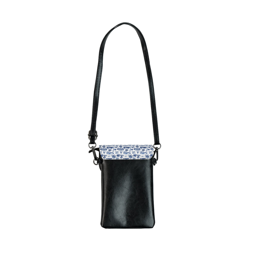 Blue Toile Crossbody Phone Wallet — Small Cell Phone Wallet with Card Slots & Adjustable Strap