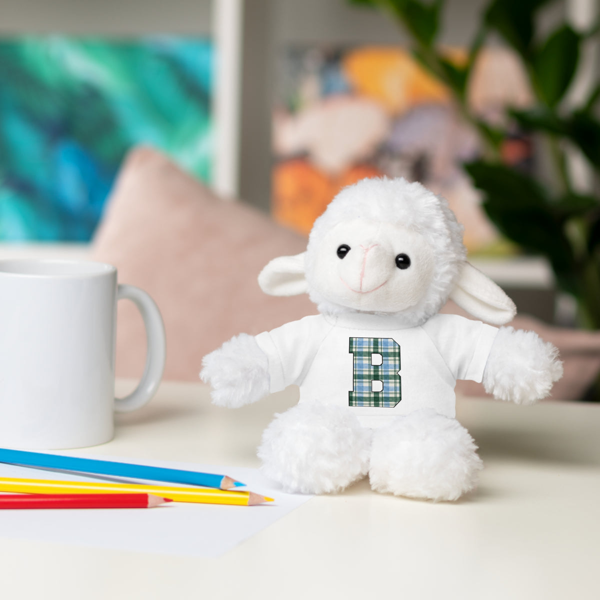 Plush Bear with Plaid Monogram Tee — Personalized Initial 'B' Stuffed Animal Gift