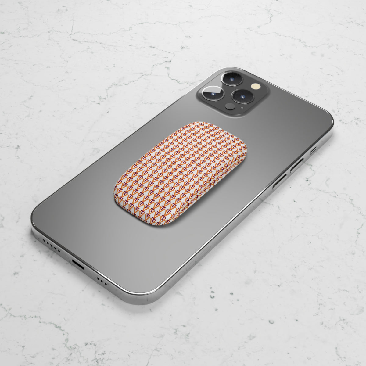 Geometric Tile Phone Grip — Orange & Red Pattern Click-On Stand