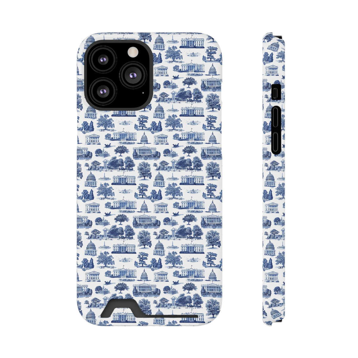 Blue Toile Phone Card Case — Slim Wallet Phone Case with Scenic Pattern