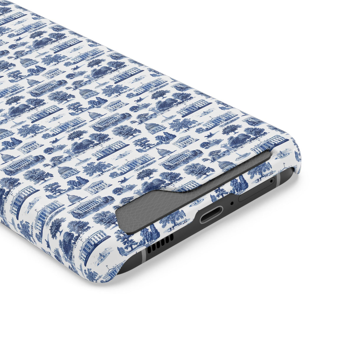 Blue Toile Phone Card Case — Vintage Scenic Pattern Phone Case with Card Holder