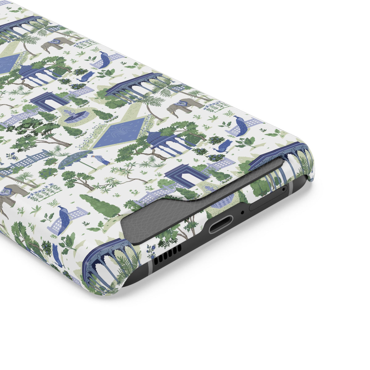 Garden Pavilion Cardholder Phone Case — Blue & Green Scenic Park Design