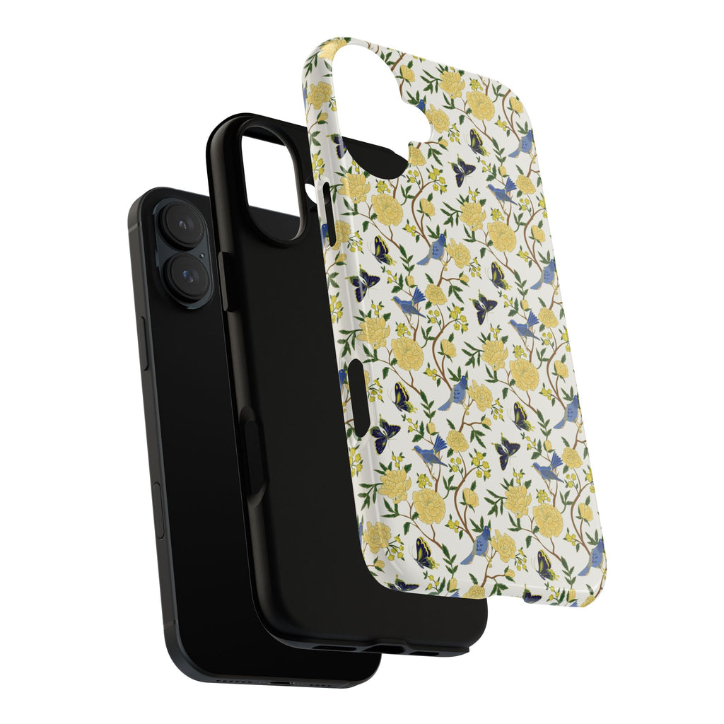 Floral Bird Tough Phone Case — Yellow Rose Pattern, Slim Protective iPhone Cover