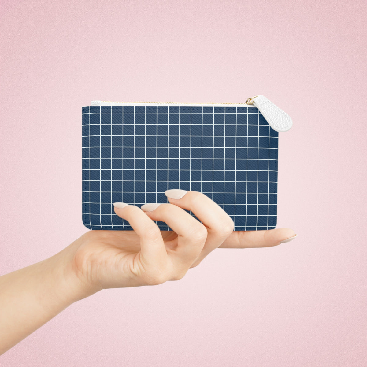 Navy Grid Mini Clutch Bag — Simple Check Wrist Pouch for Cards & Essentials