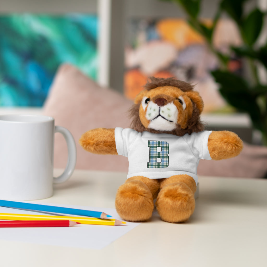 Plush Bear with Plaid Monogram Tee — Personalized Initial 'B' Stuffed Animal Gift