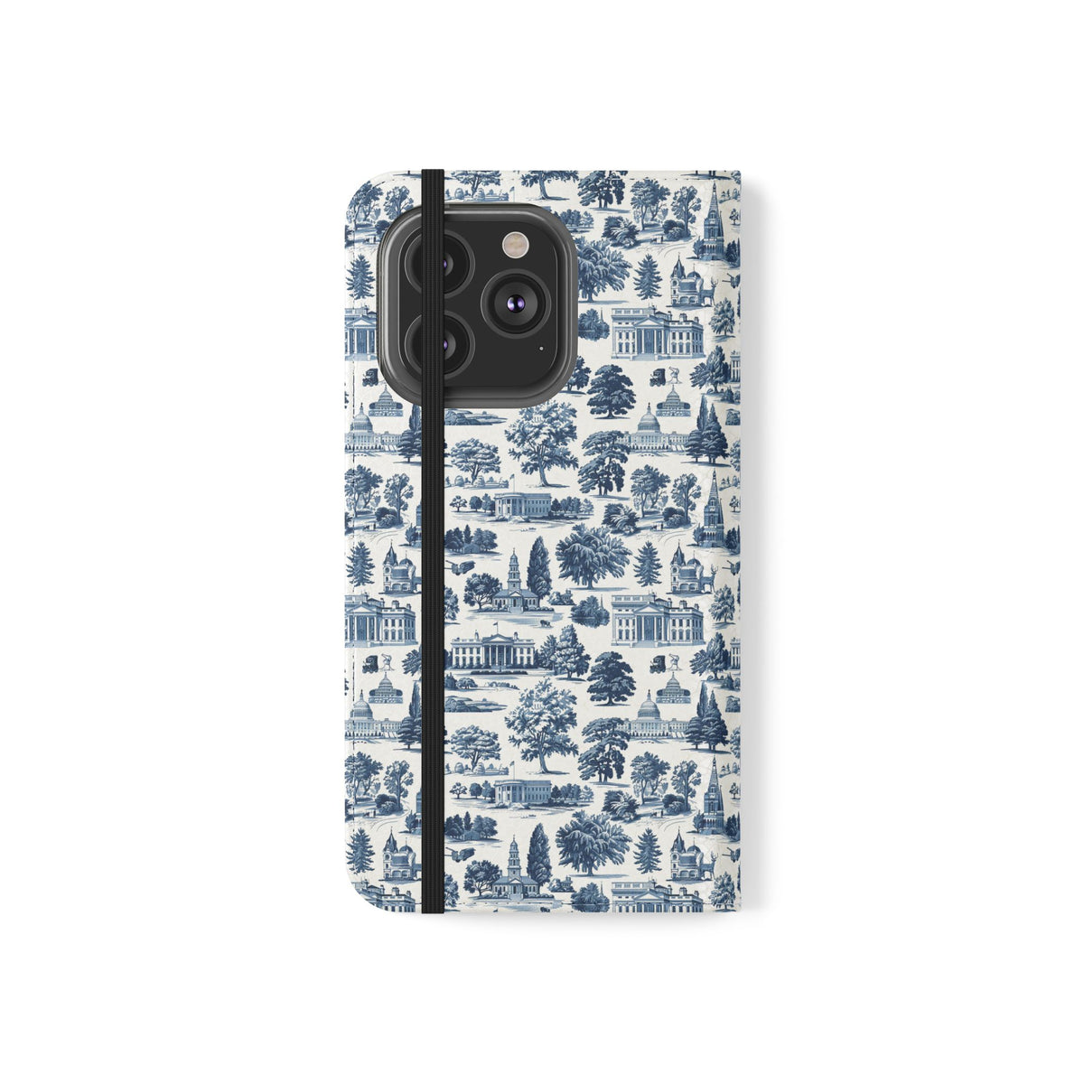 Vintage Toile Flip Phone Case — Blue Scenic Wallet Cover with Card Slots