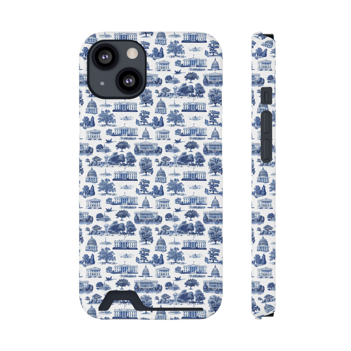 Blue Toile Phone Card Case — Slim Wallet Phone Case with Scenic Pattern