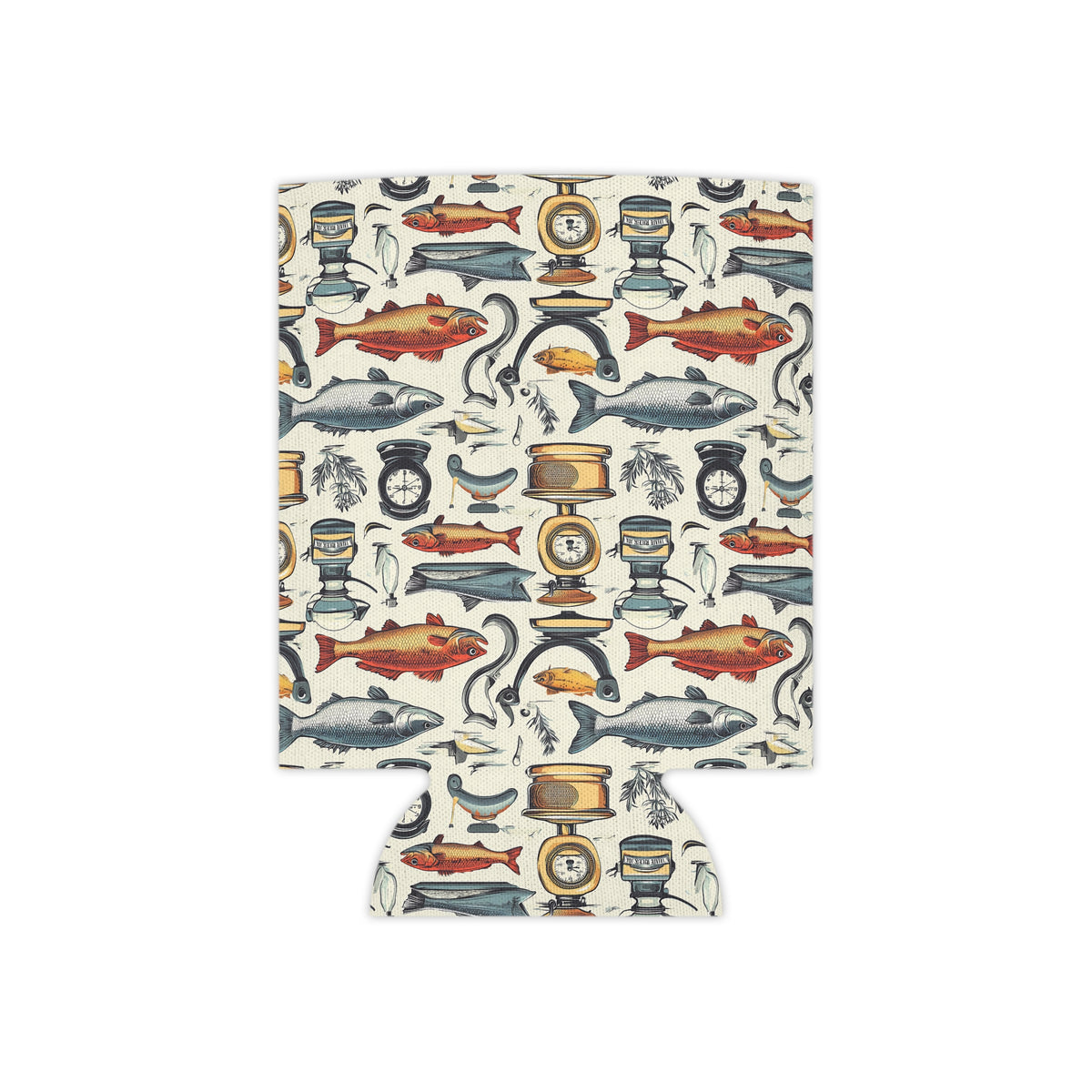 Nautical Fishing Can Cooler - Vintage Tackle & Fish Pattern