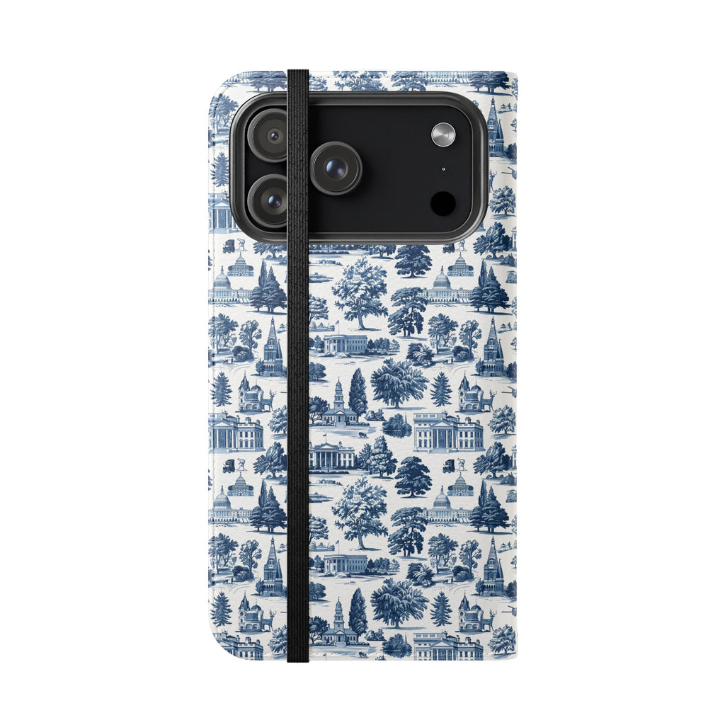 Vintage Toile Flip Phone Case — Blue Scenic Wallet Cover with Card Slots