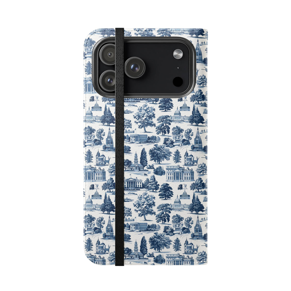 Vintage Toile Flip Phone Case — Blue Scenic Wallet Cover with Card Slots