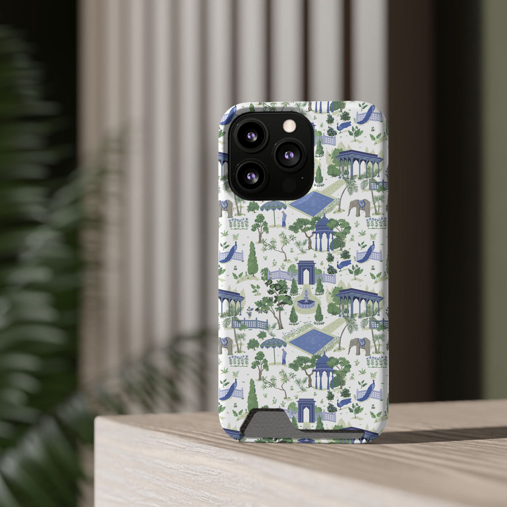 Garden Pavilion Cardholder Phone Case — Blue & Green Scenic Park Design