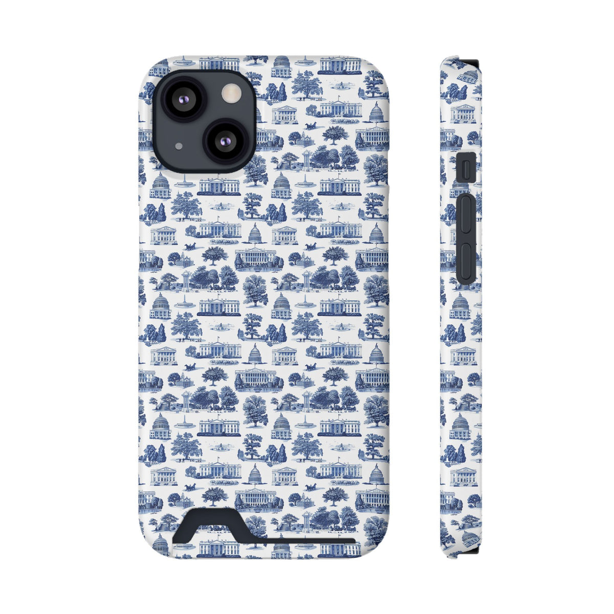 Blue Toile Phone Card Case — Slim Wallet Phone Case with Scenic Pattern
