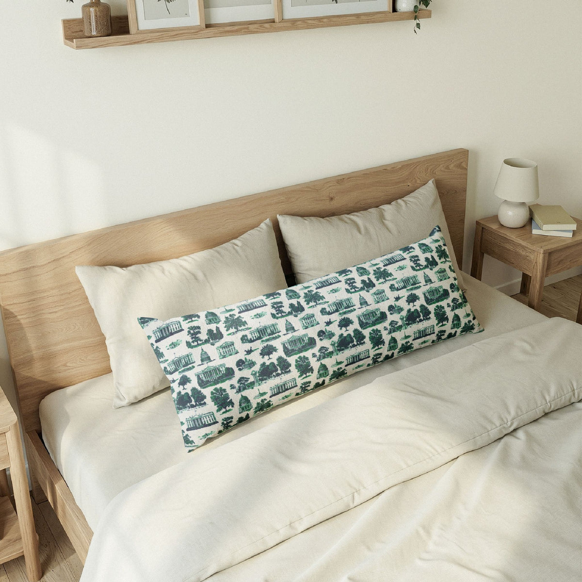 Coastal Cottage Body Pillow — Nautical Blue Harbor Scene Decorative Lumbar Pillow