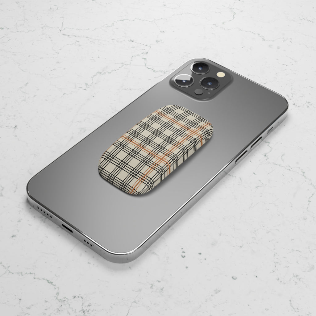 Plaid Phone Grip — Beige Black & Orange Click-On Stand