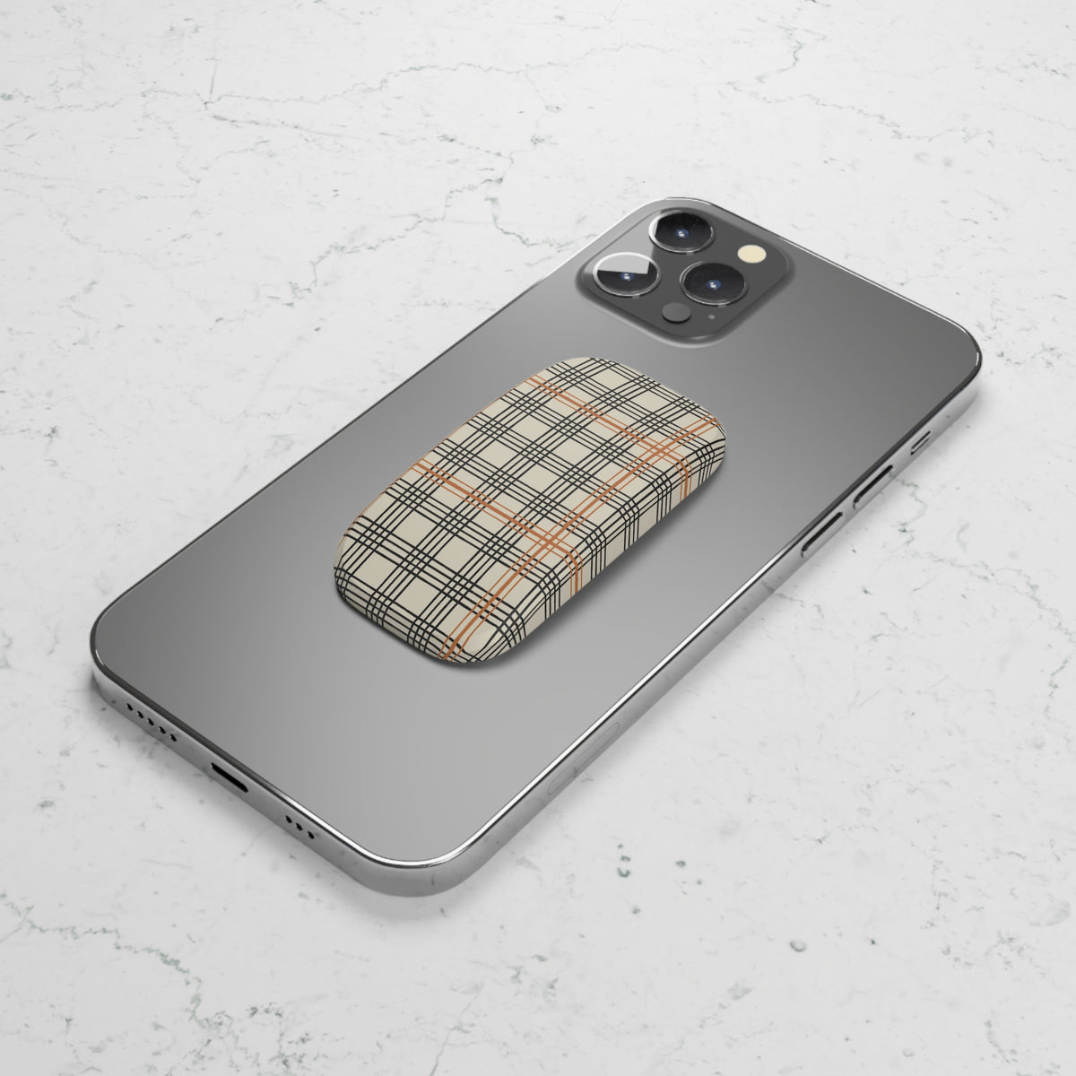 Plaid Phone Grip — Beige Black & Orange Click-On Stand
