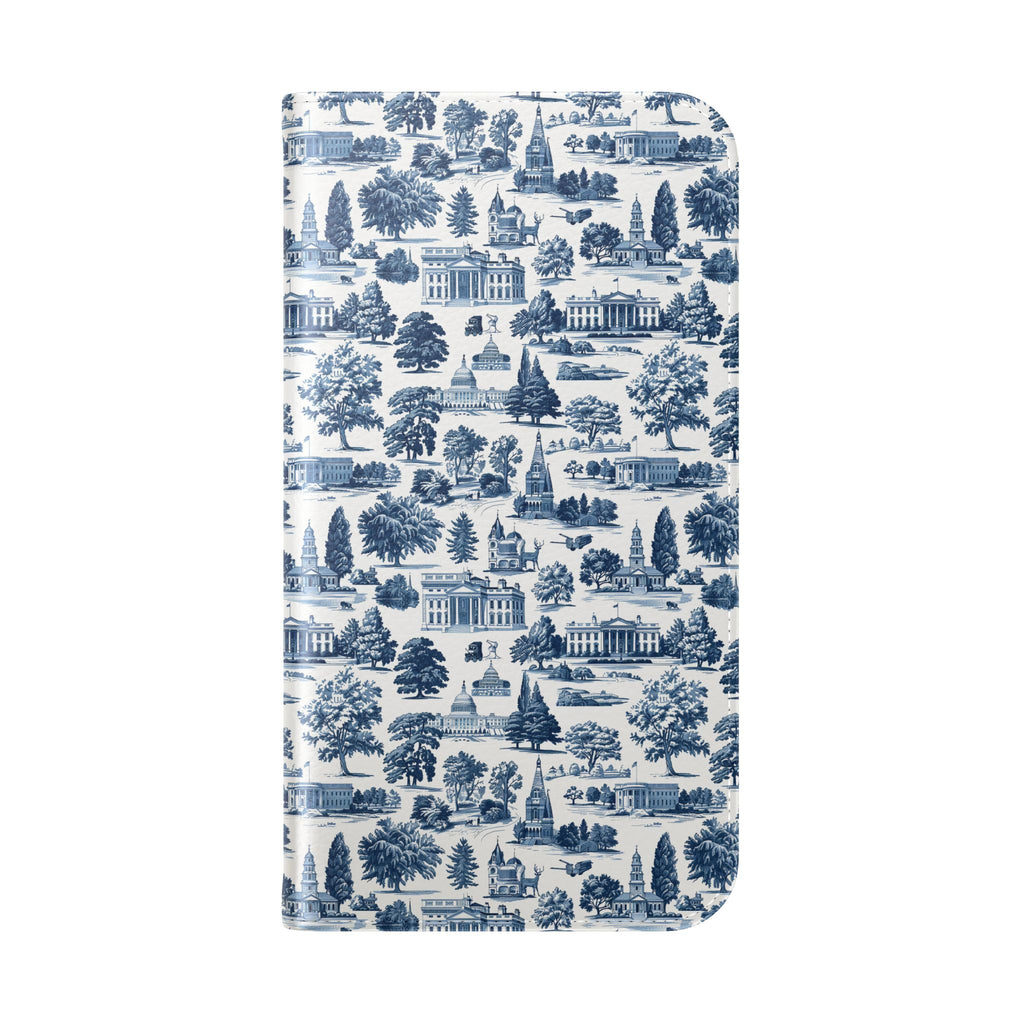 Vintage Toile Flip Phone Case — Blue Scenic Wallet Cover with Card Slots