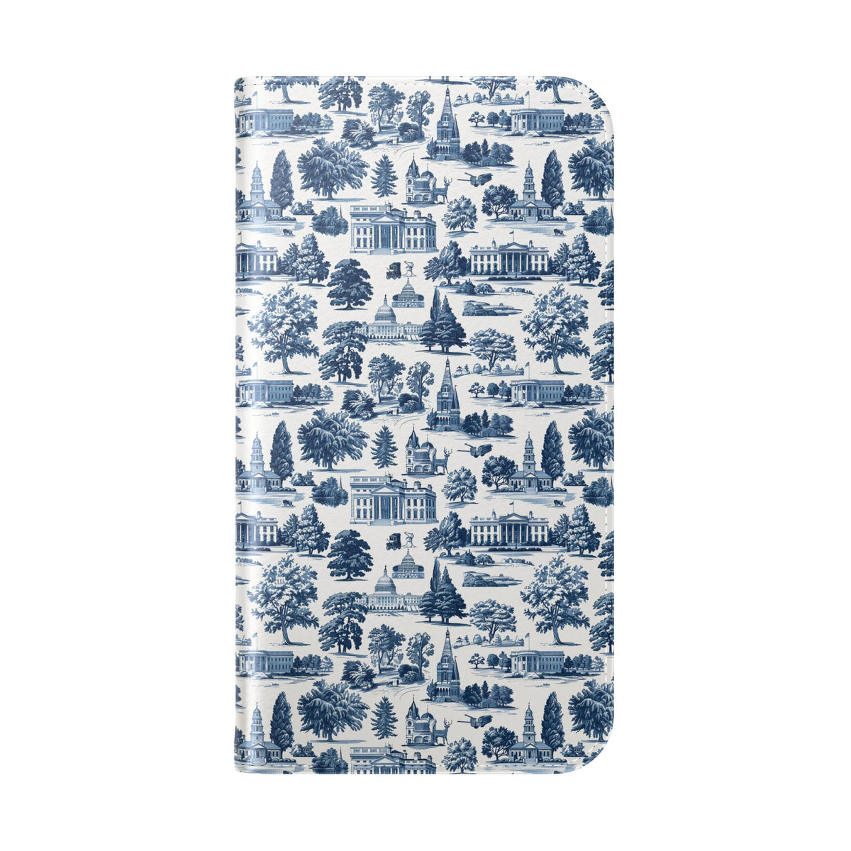 Vintage Toile Flip Phone Case — Blue Scenic Wallet Cover with Card Slots