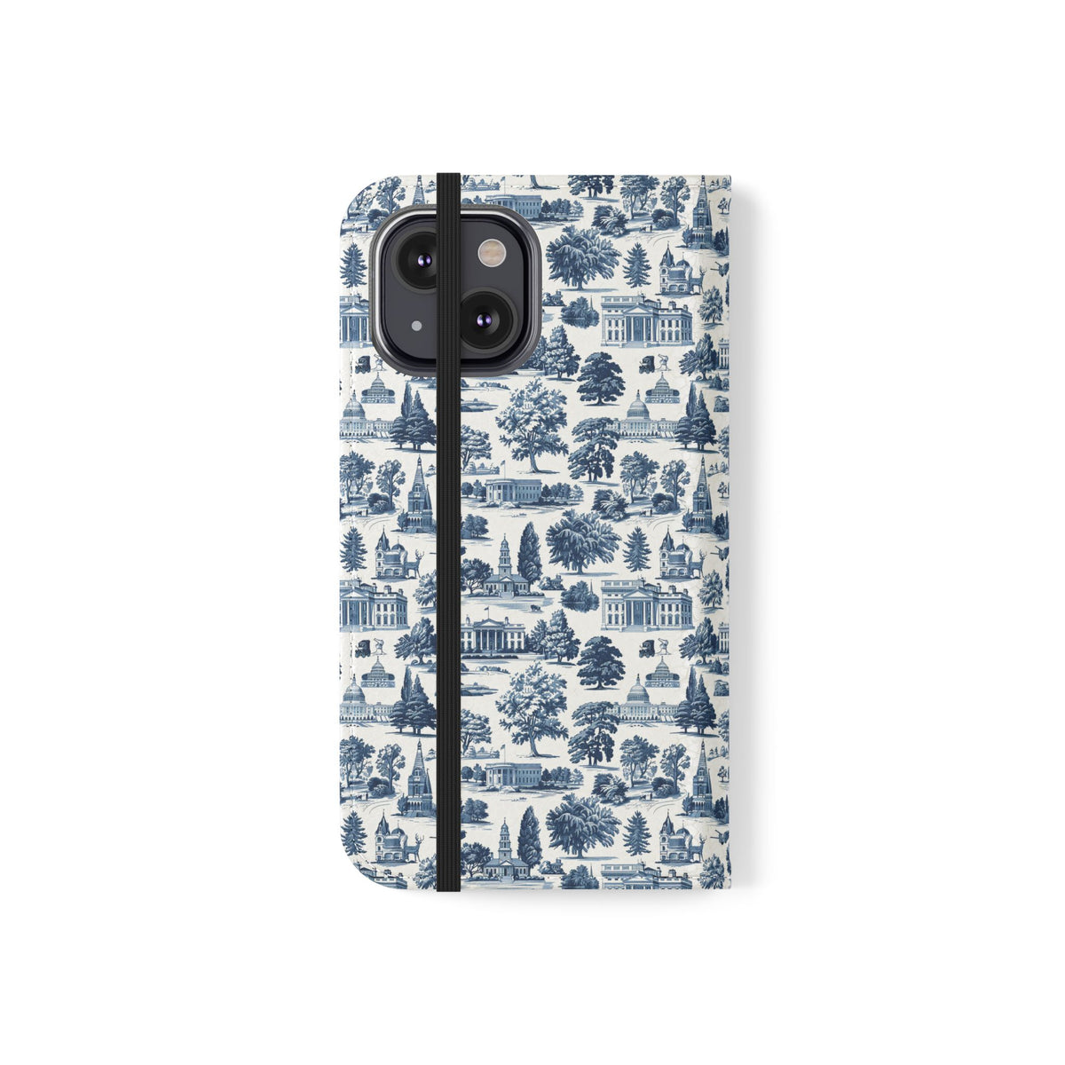 Vintage Toile Flip Phone Case — Blue Scenic Wallet Cover with Card Slots