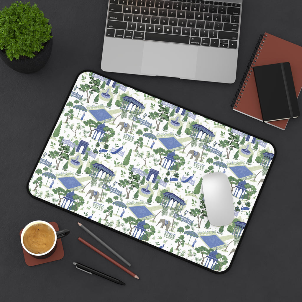 Garden Gazebo Desk Mat — Blue & Green Park Pattern Mouse Pad