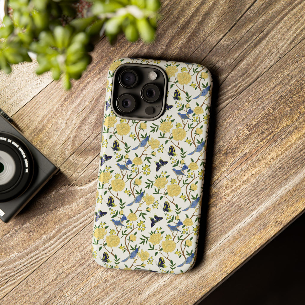 Floral Bird Tough Phone Case — Yellow Rose Pattern, Slim Protective iPhone Cover