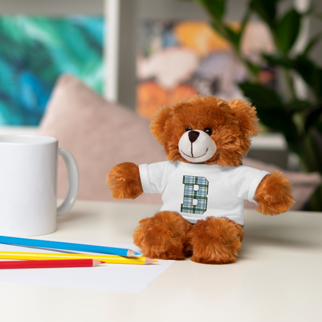 Plush Bear with Plaid Monogram Tee — Personalized Initial 'B' Stuffed Animal Gift