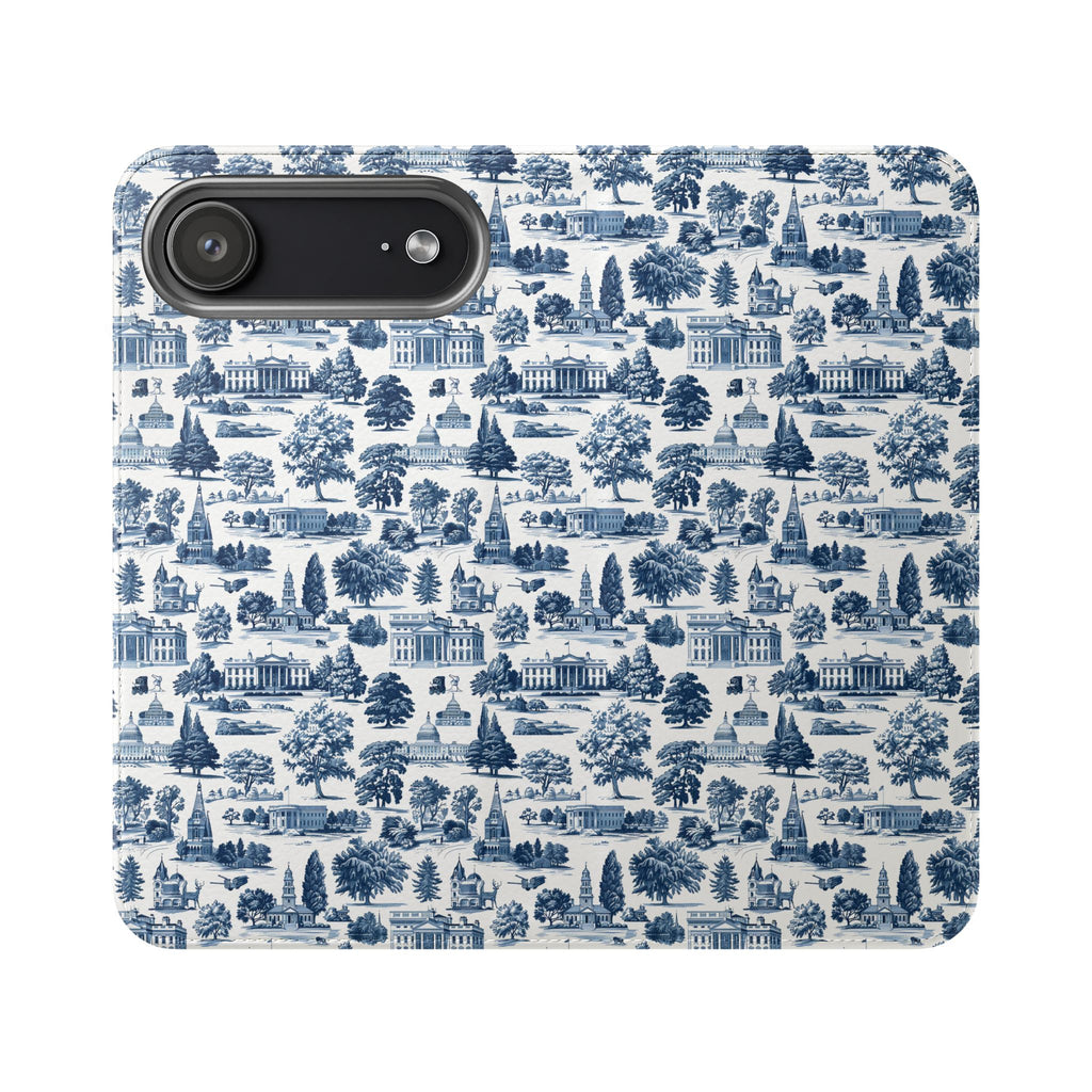 Vintage Toile Flip Phone Case — Blue Scenic Wallet Cover with Card Slots