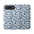 Vintage Toile Flip Phone Case — Blue Scenic Wallet Cover with Card Slots