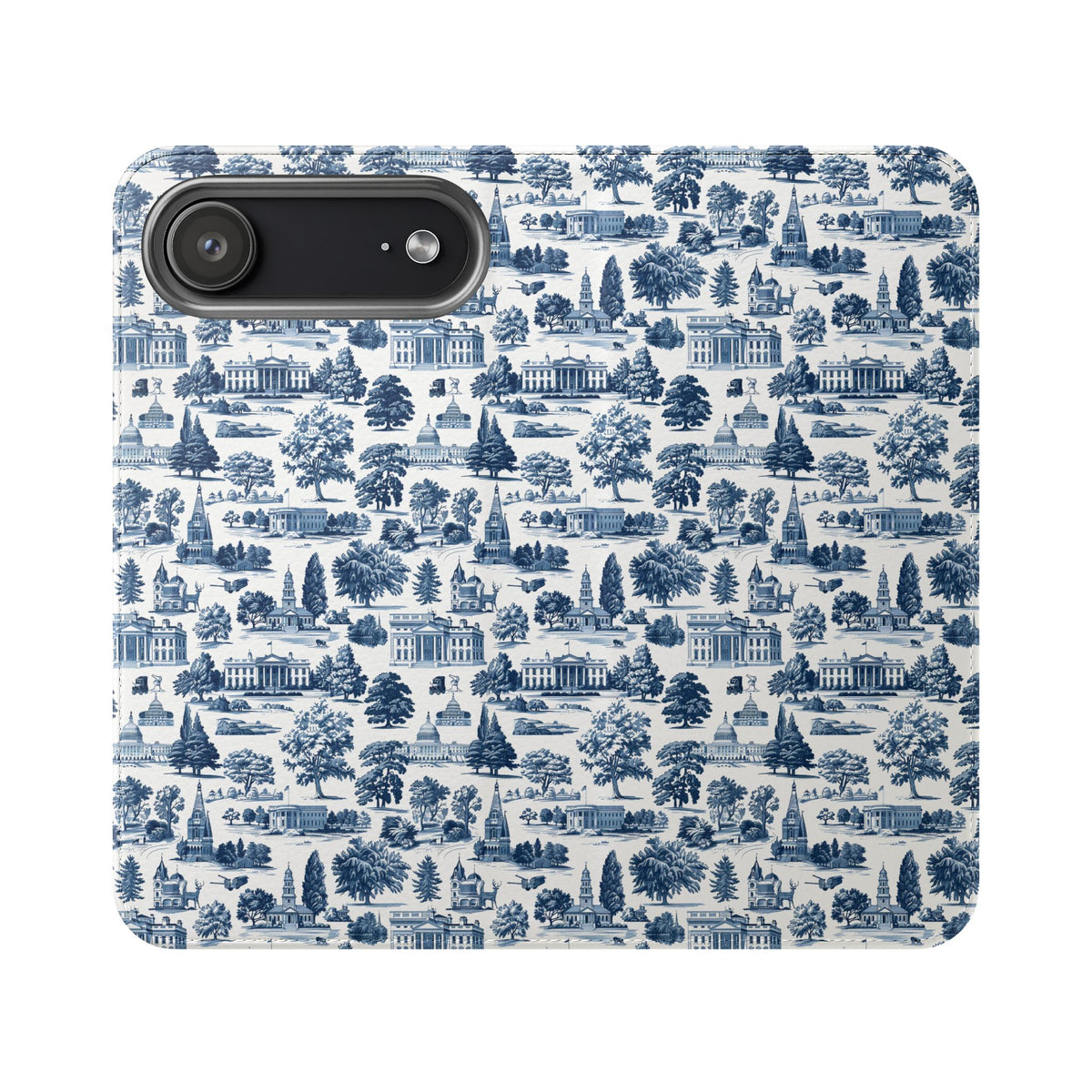 Vintage Toile Flip Phone Case — Blue Scenic Wallet Cover with Card Slots