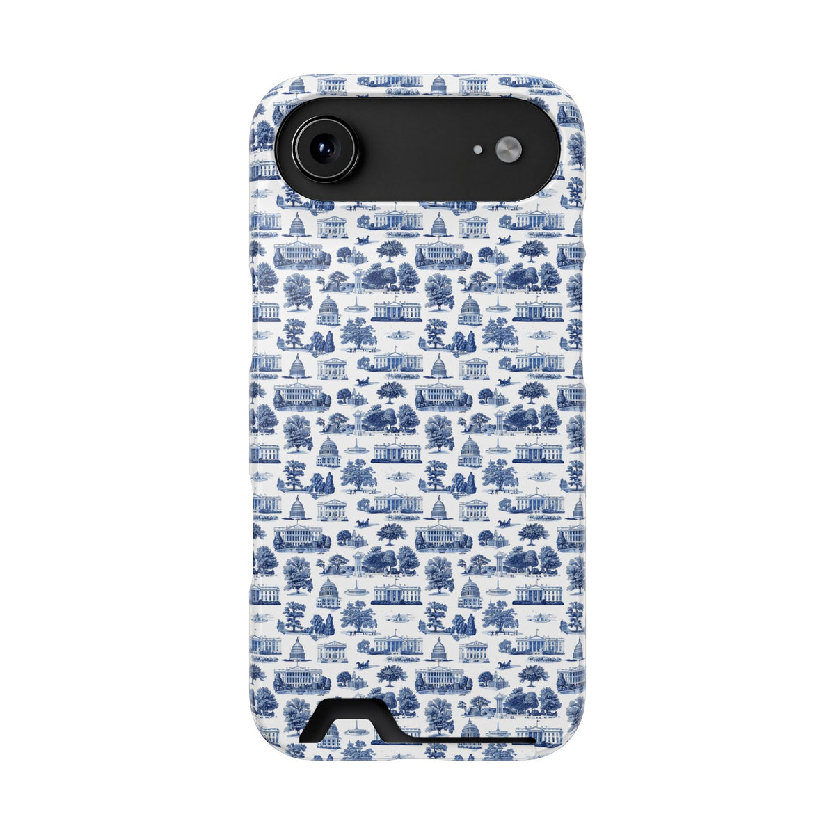 Blue Toile Phone Card Case — Vintage Scenic Pattern Phone Case with Card Holder