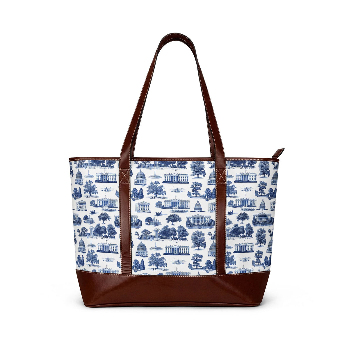 Chinoiserie Blue Toile Tote Handbag — Classic Scenic Print Shoulder Bag