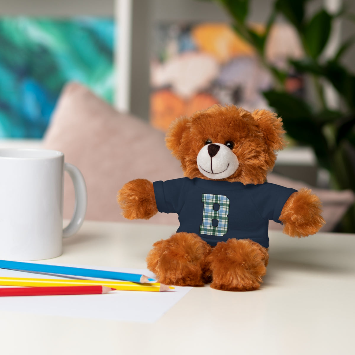 Plush Bear with Plaid Monogram Tee — Personalized Initial 'B' Stuffed Animal Gift