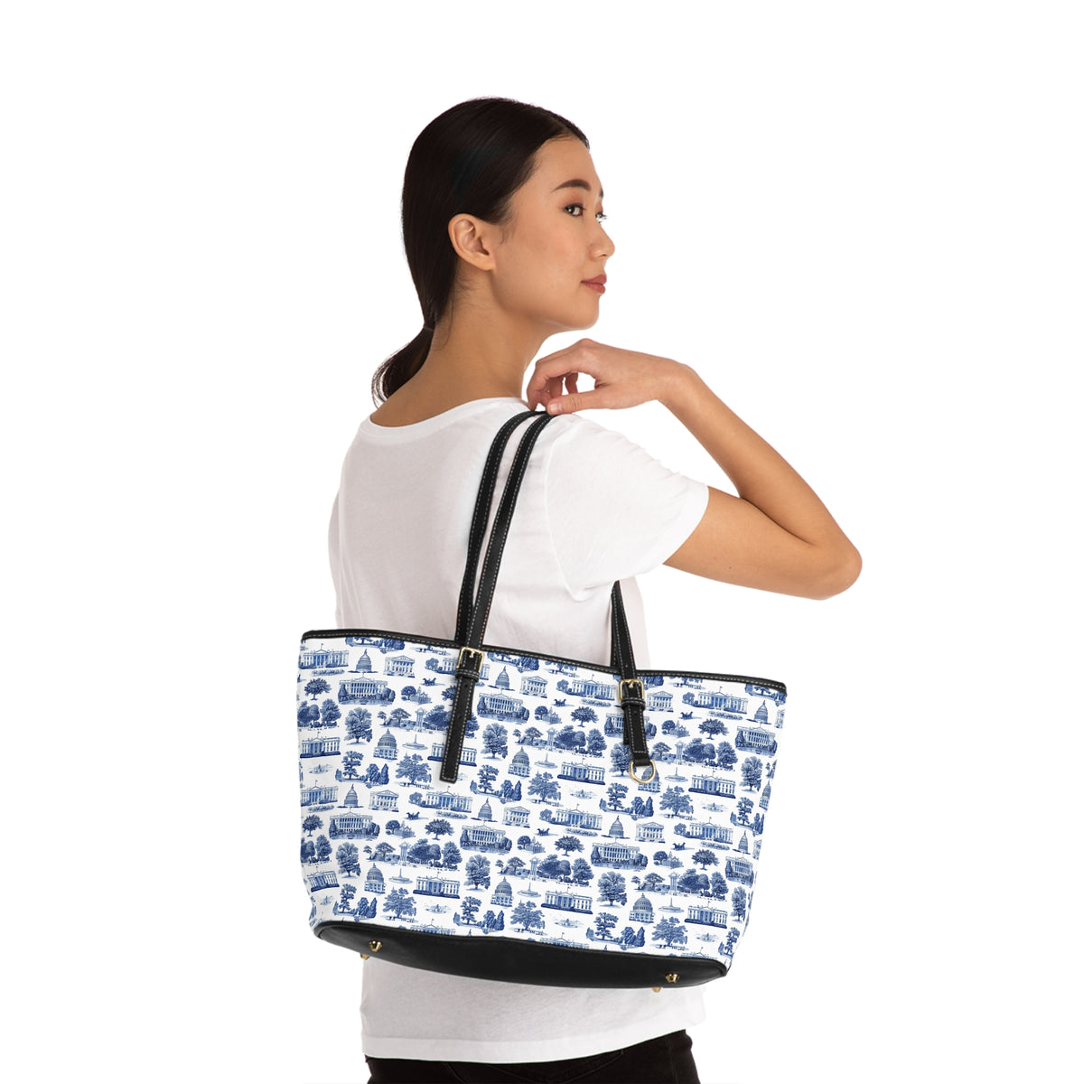 Blue Toile Print PU Shoulder Bag