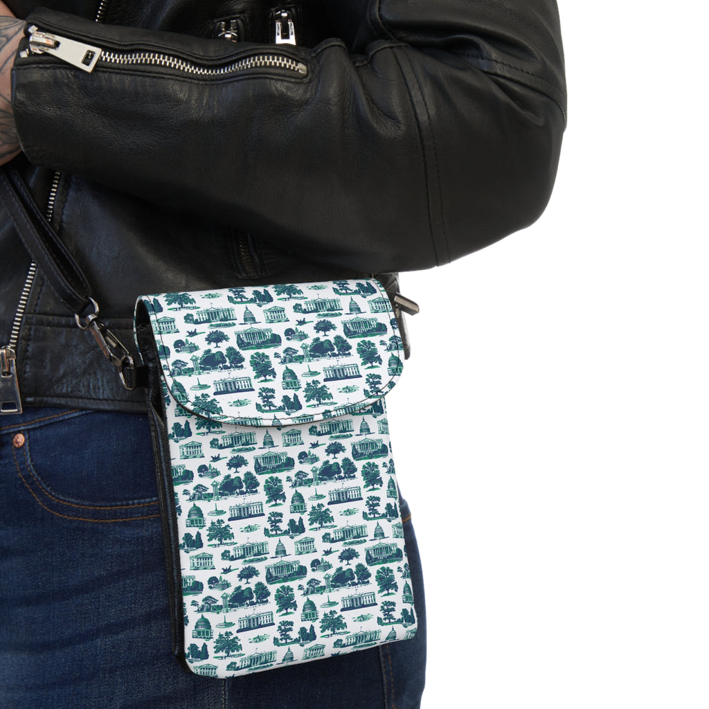 Crossbody Phone Wallet – Teal Toile Pattern Small Cell Phone Wallet