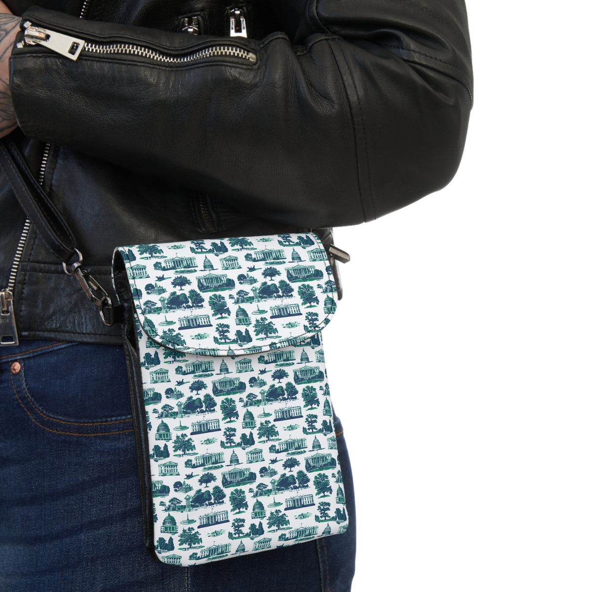 Crossbody Phone Wallet – Teal Toile Pattern Small Cell Phone Wallet