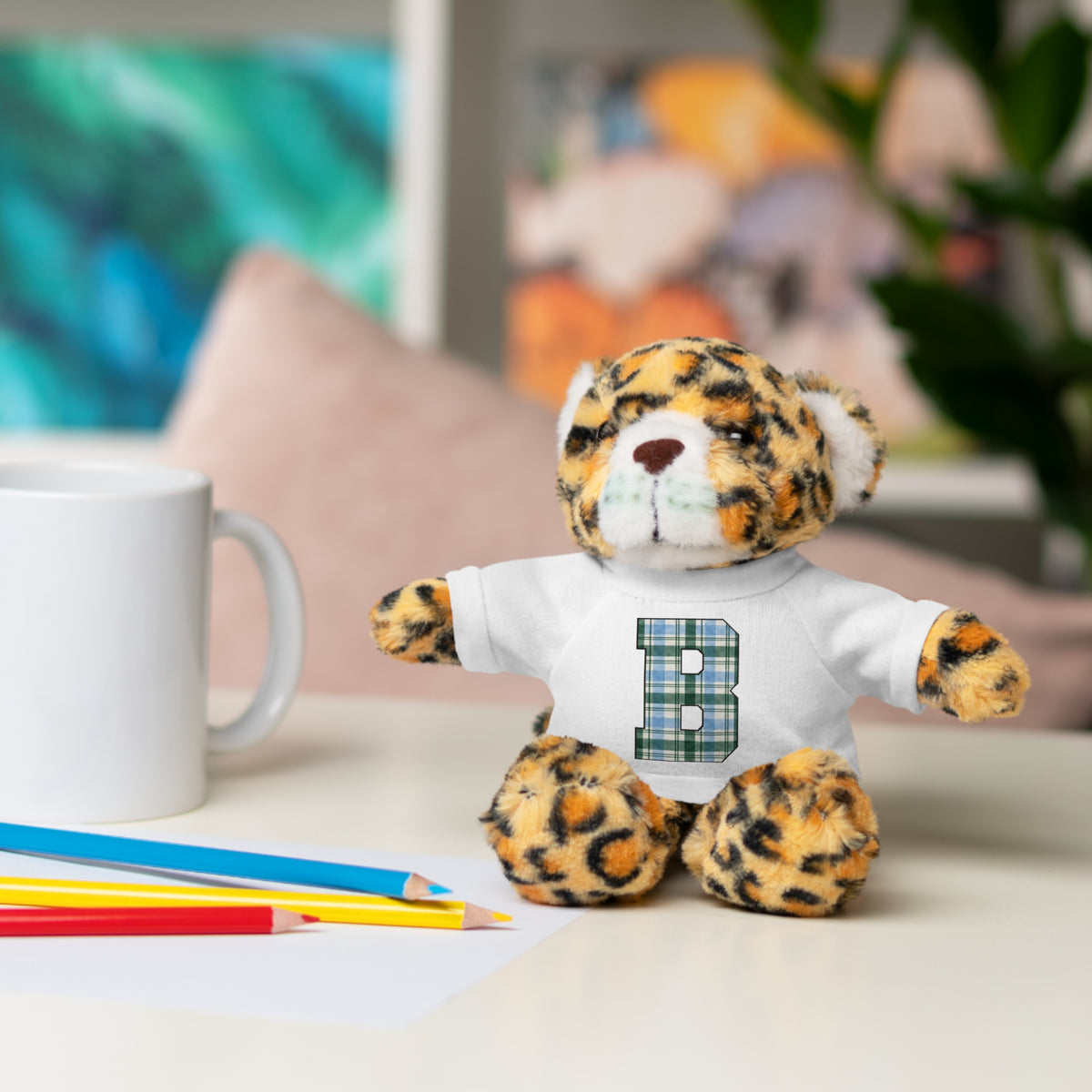 Plush Bear with Plaid Monogram Tee — Personalized Initial 'B' Stuffed Animal Gift